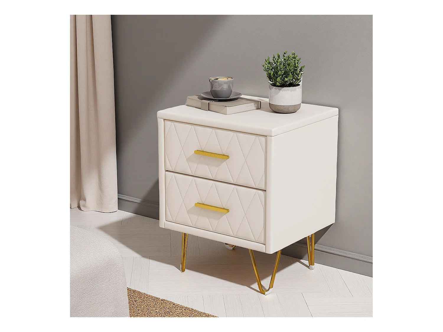 Table de Chevet - NEXU - Lot de 2 - 41x35x51 cm - Meuble de Nuit avec 2 tiroirs - Meuble de Chambre - tissu en PU - Style moderne - blanc