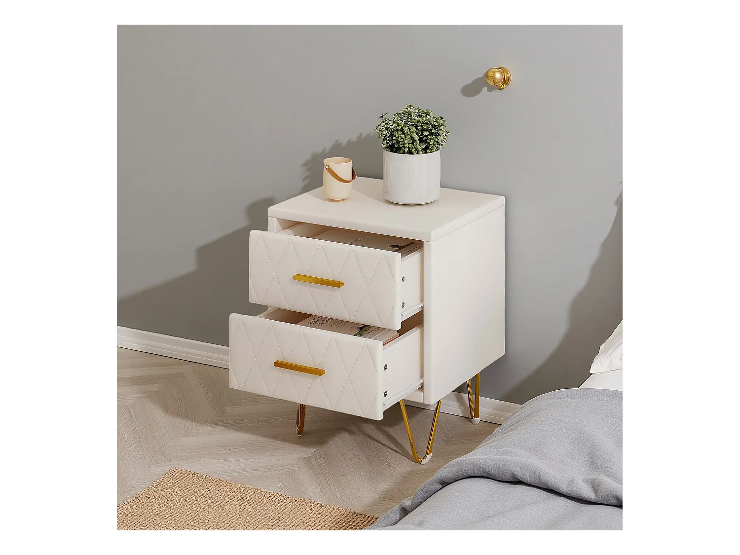 Table de Chevet - NEXU - Lot de 2 - 41x35x51 cm - Meuble de Nuit avec 2 tiroirs - Meuble de Chambre - tissu en PU - Style moderne - blanc