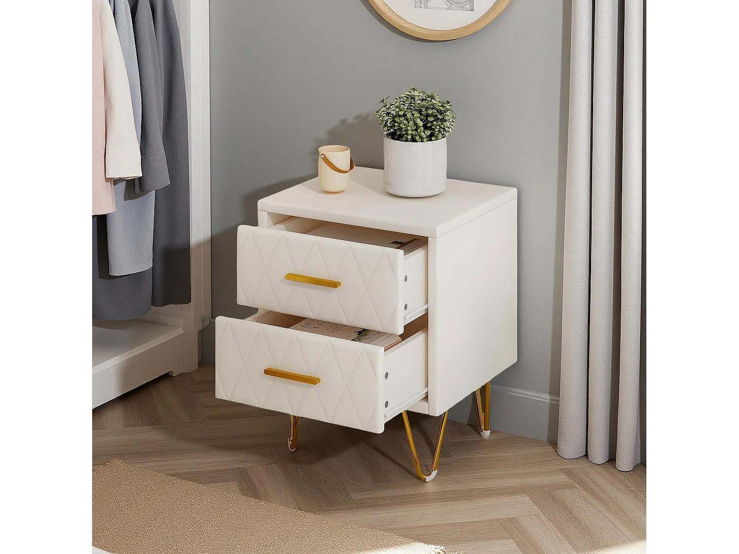 Table de Chevet - NEXU - Lot de 2 - 41x35x51 cm - Meuble de Nuit avec 2 tiroirs - Meuble de Chambre - tissu en PU - Style moderne - blanc