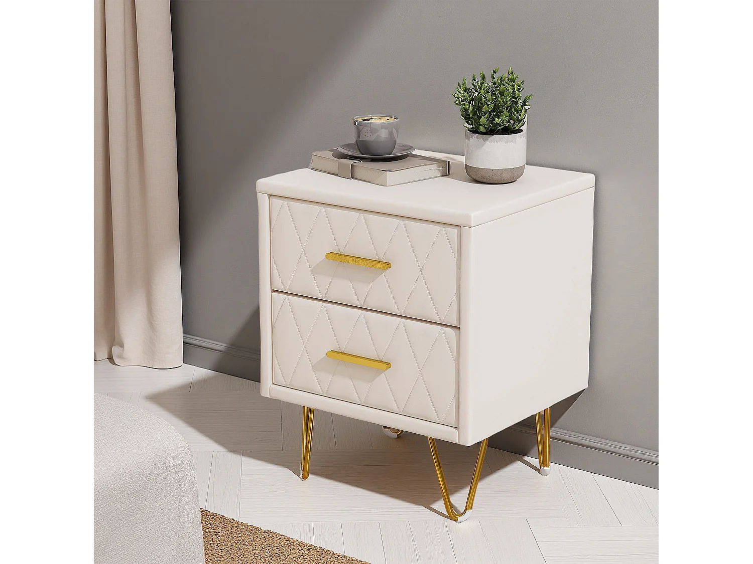 Table de Chevet - NEXU - Lot de 2 - 41x35x51 cm - Meuble de Nuit avec 2 tiroirs - Meuble de Chambre - tissu en PU - Style moderne - blanc