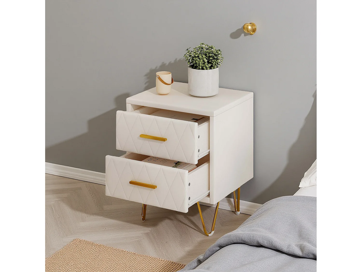 Table de Chevet - NEXU - Lot de 2 - 41x35x51 cm - Meuble de Nuit avec 2 tiroirs - Meuble de Chambre - tissu en PU - Style moderne - blanc