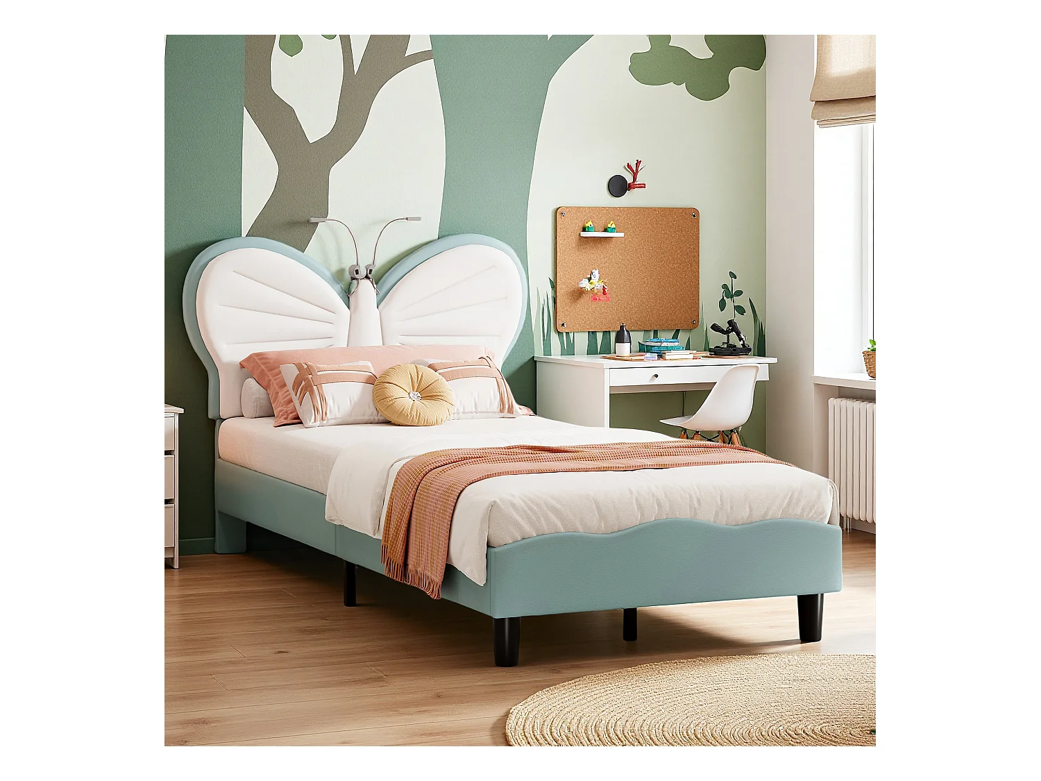 Lit 90x200 cm - NEXU - LED - lit enfant 90x200 cm - tissu en PU - forme papillon - cadre de lit fille 90x200 cm avec sommier à lattes - bleu