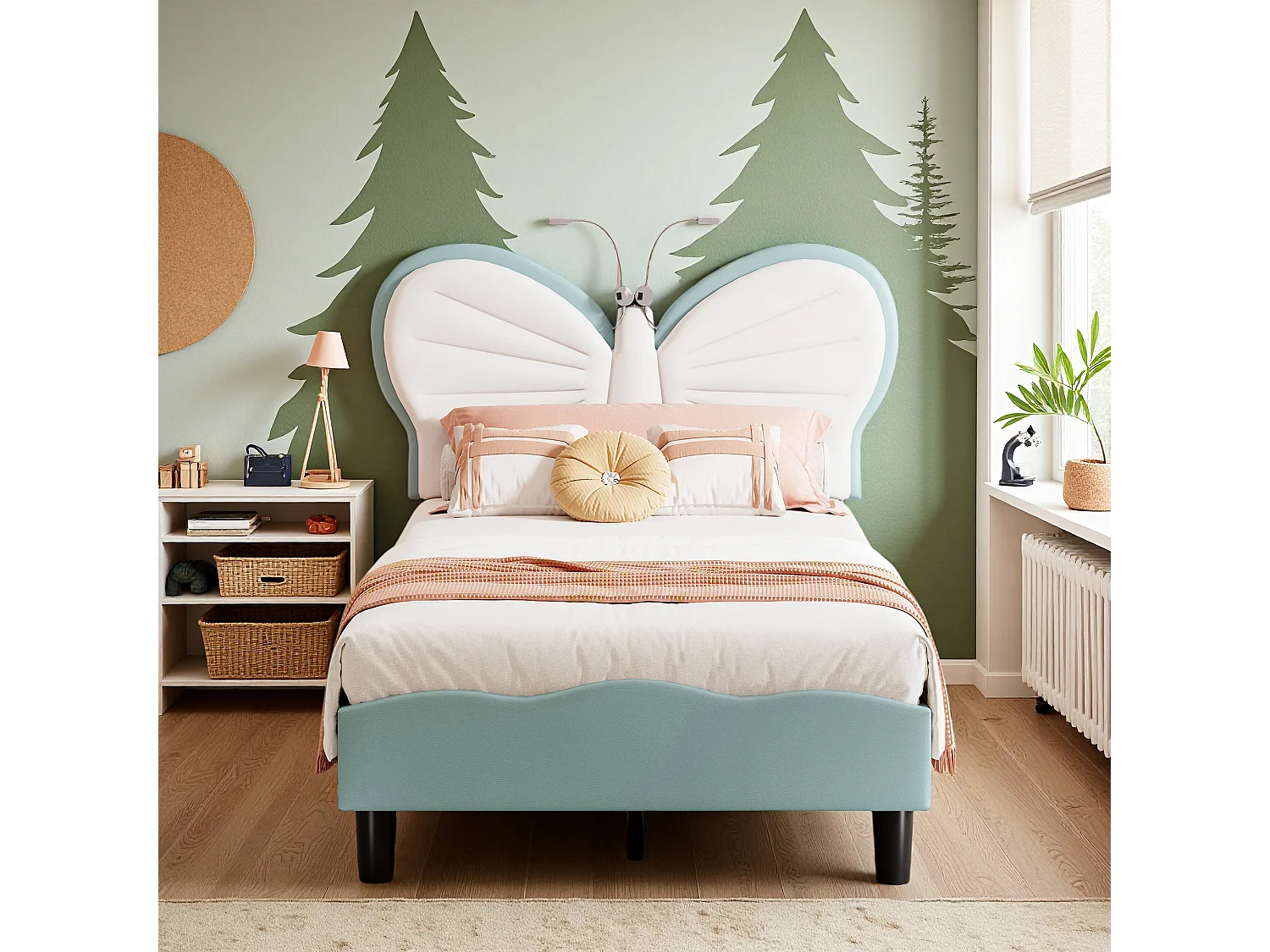 Lit rembourré en enfant 90x200 cm,sommier à lattes de bois, tissu en PU, forme papillon avec led,cadre de lit fille, bleu