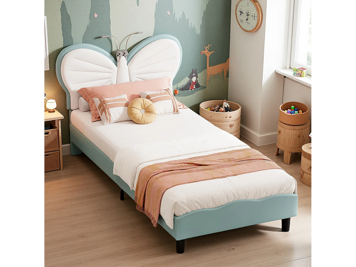 Lit rembourré en enfant 90x200 cm,sommier à lattes de bois, tissu en PU, forme papillon avec led,cadre de lit fille, bleu