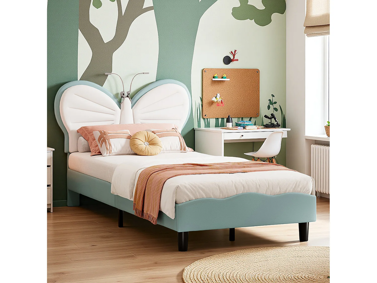 Lit enfant rembourré 90 x 200 cm avec sommier à lattes en bois – Tête de lit papillon avec éclairage LED, revêtement en PU bleu