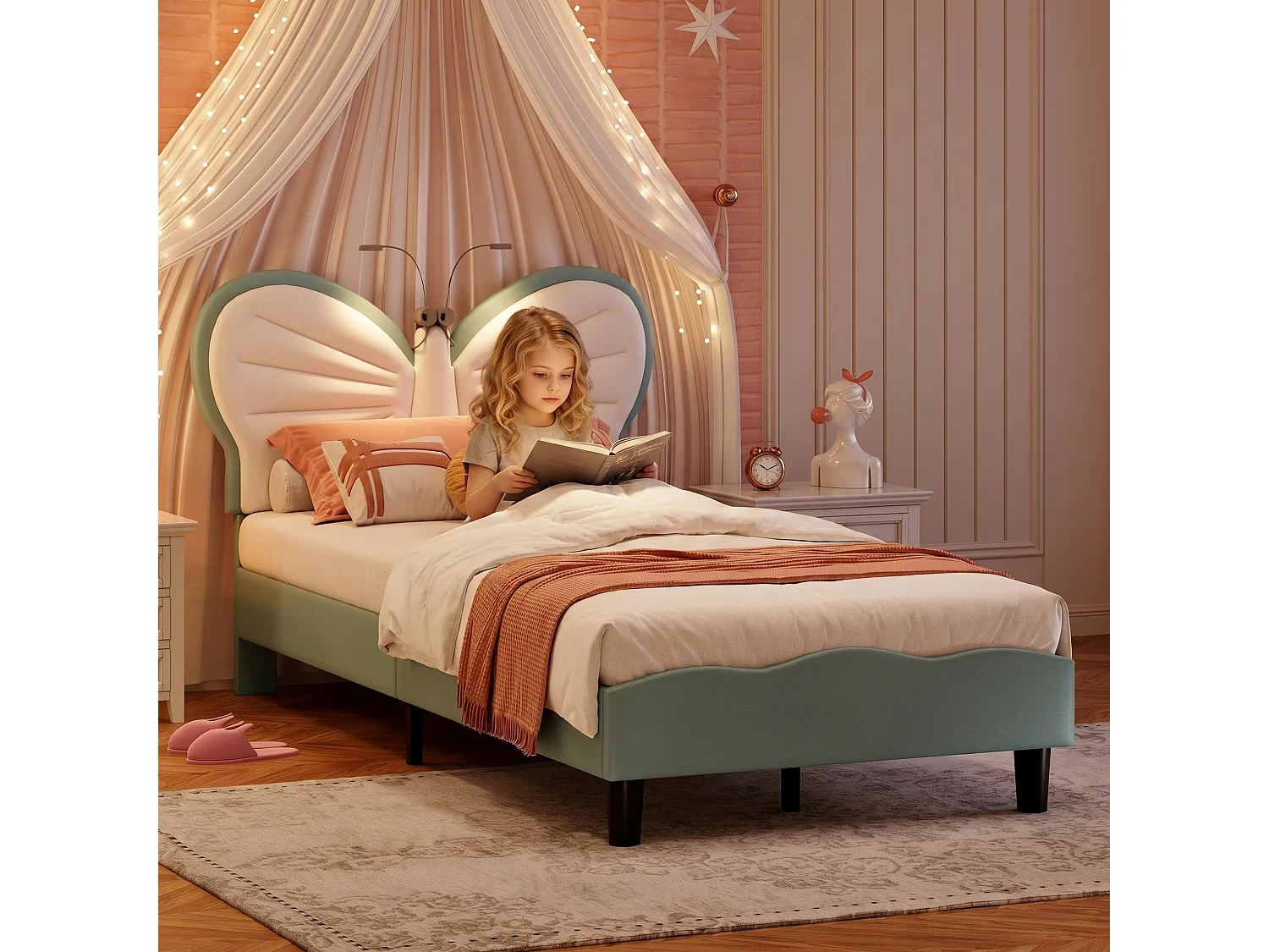 Lit enfant rembourré 90 x 200 cm avec sommier à lattes en bois – Tête de lit papillon avec éclairage LED, revêtement en PU bleu