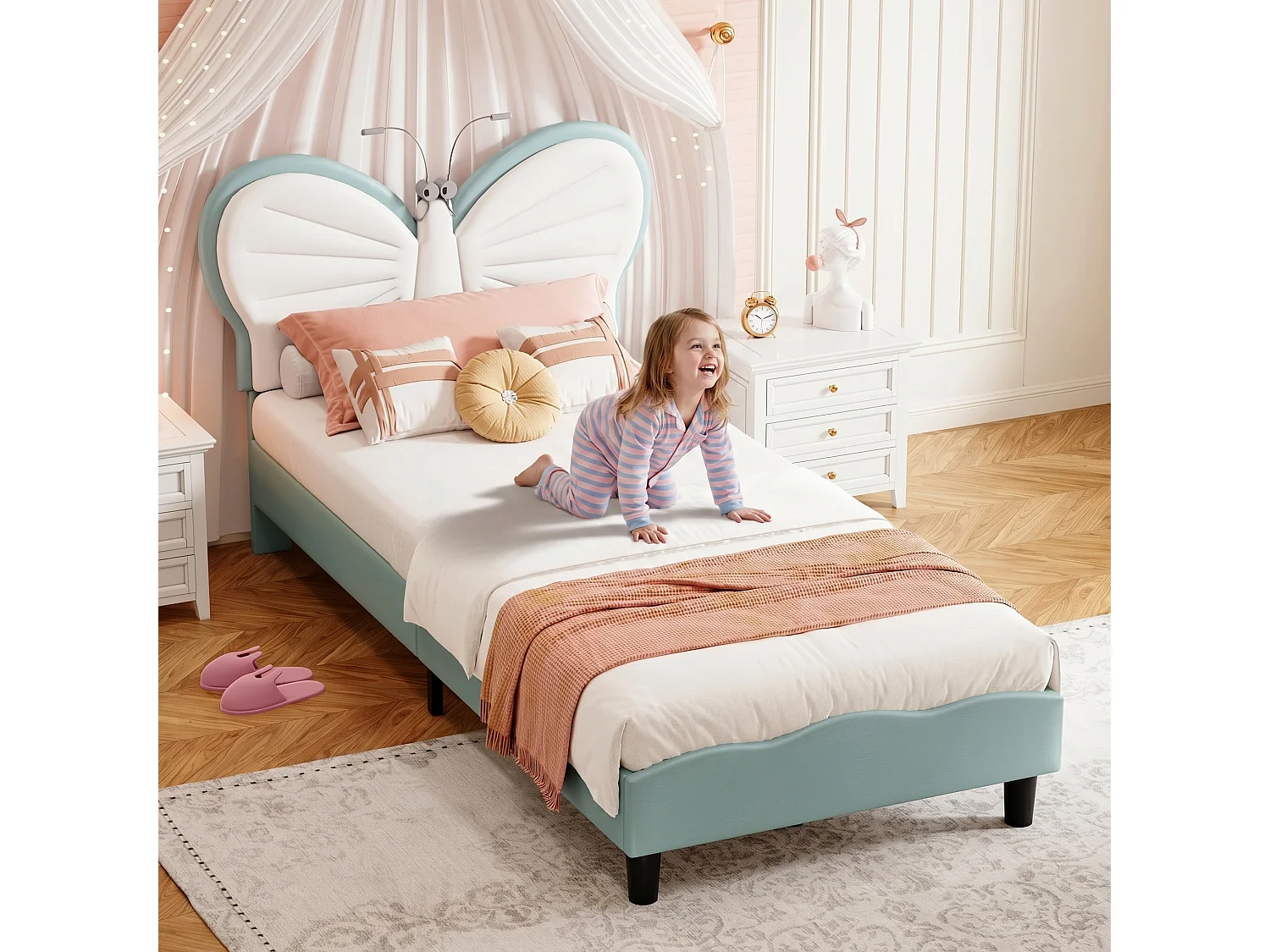 Lit enfant rembourré 90 x 200 cm avec sommier à lattes en bois – Tête de lit papillon avec éclairage LED, revêtement en PU bleu