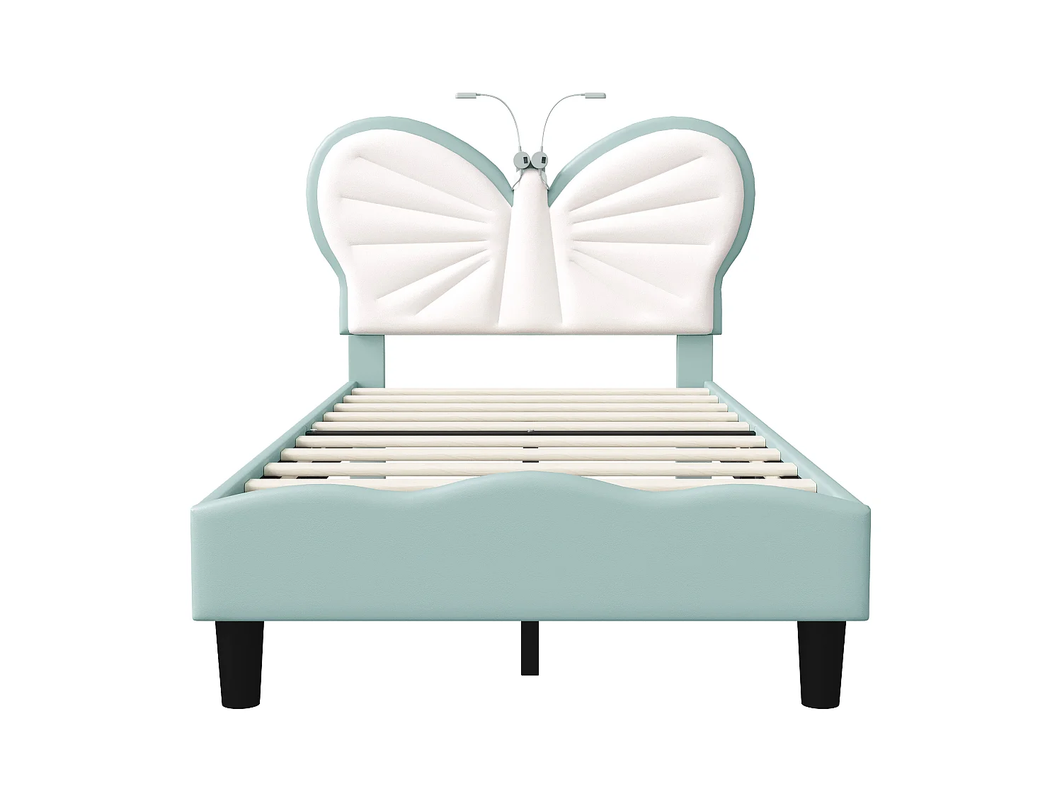 Lit enfant rembourré 90 x 200 cm avec sommier à lattes en bois – Tête de lit papillon avec éclairage LED, revêtement en PU bleu