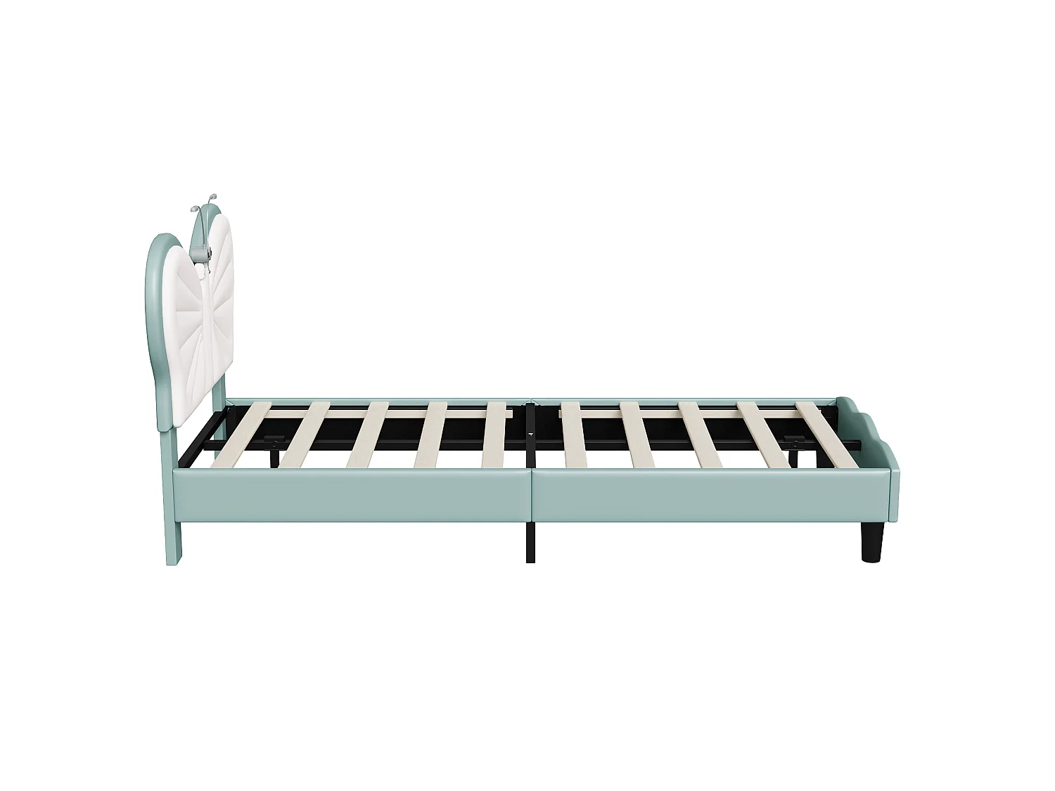 Lit enfant rembourré 90 x 200 cm avec sommier à lattes en bois – Tête de lit papillon avec éclairage LED, revêtement en PU bleu
