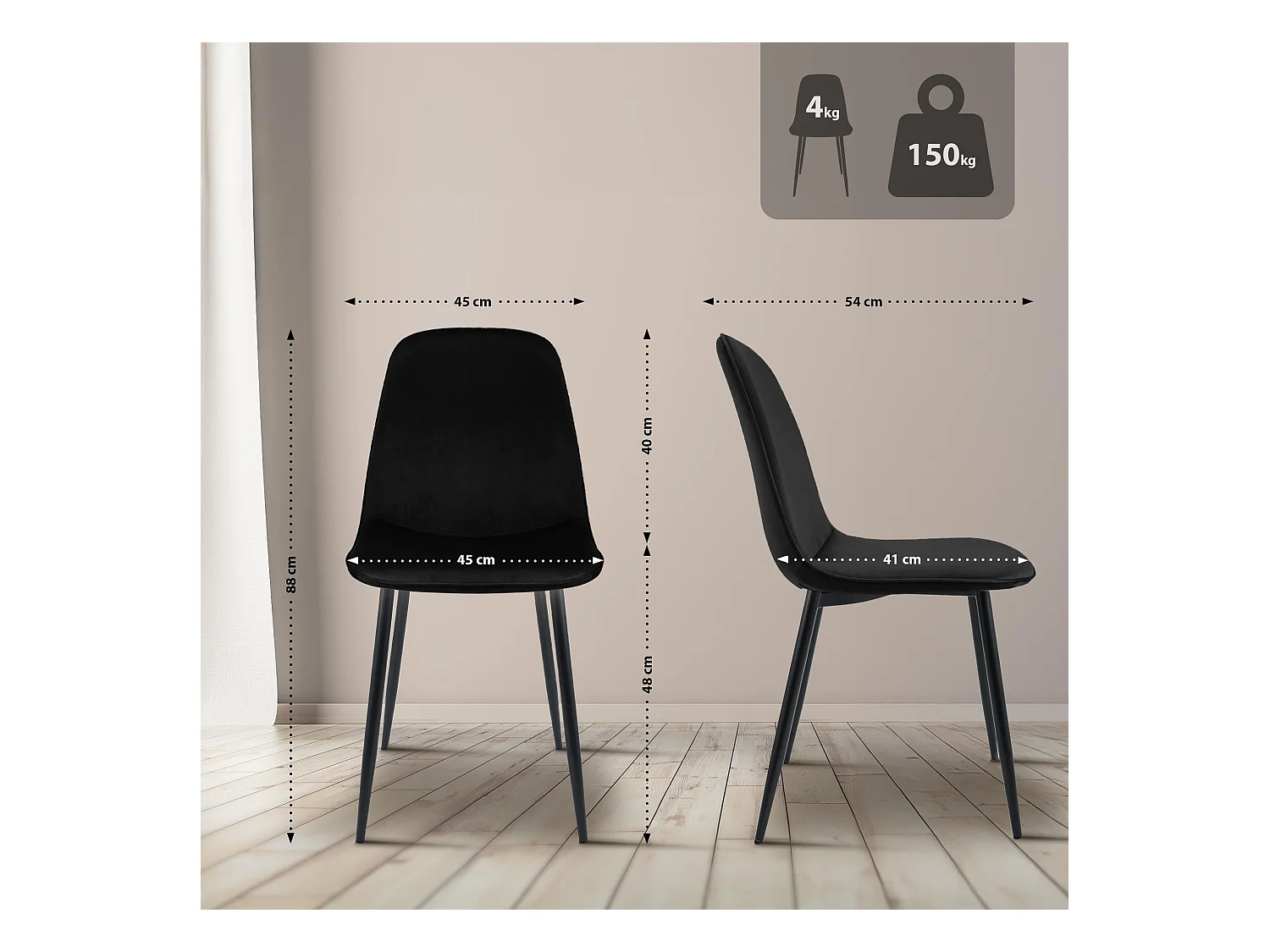 Lot de 4  chaise salle à manger - Velours - Noir - Maryam