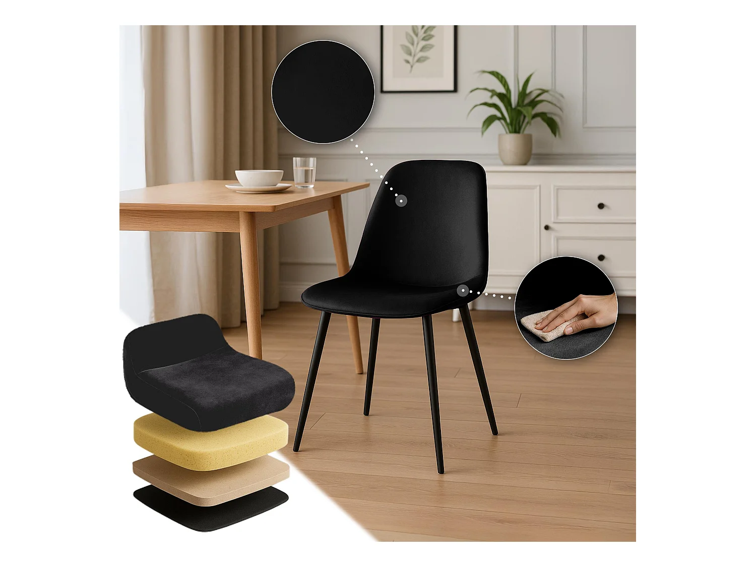 Lot de 4  chaise salle à manger - Velours - Noir - Maryam