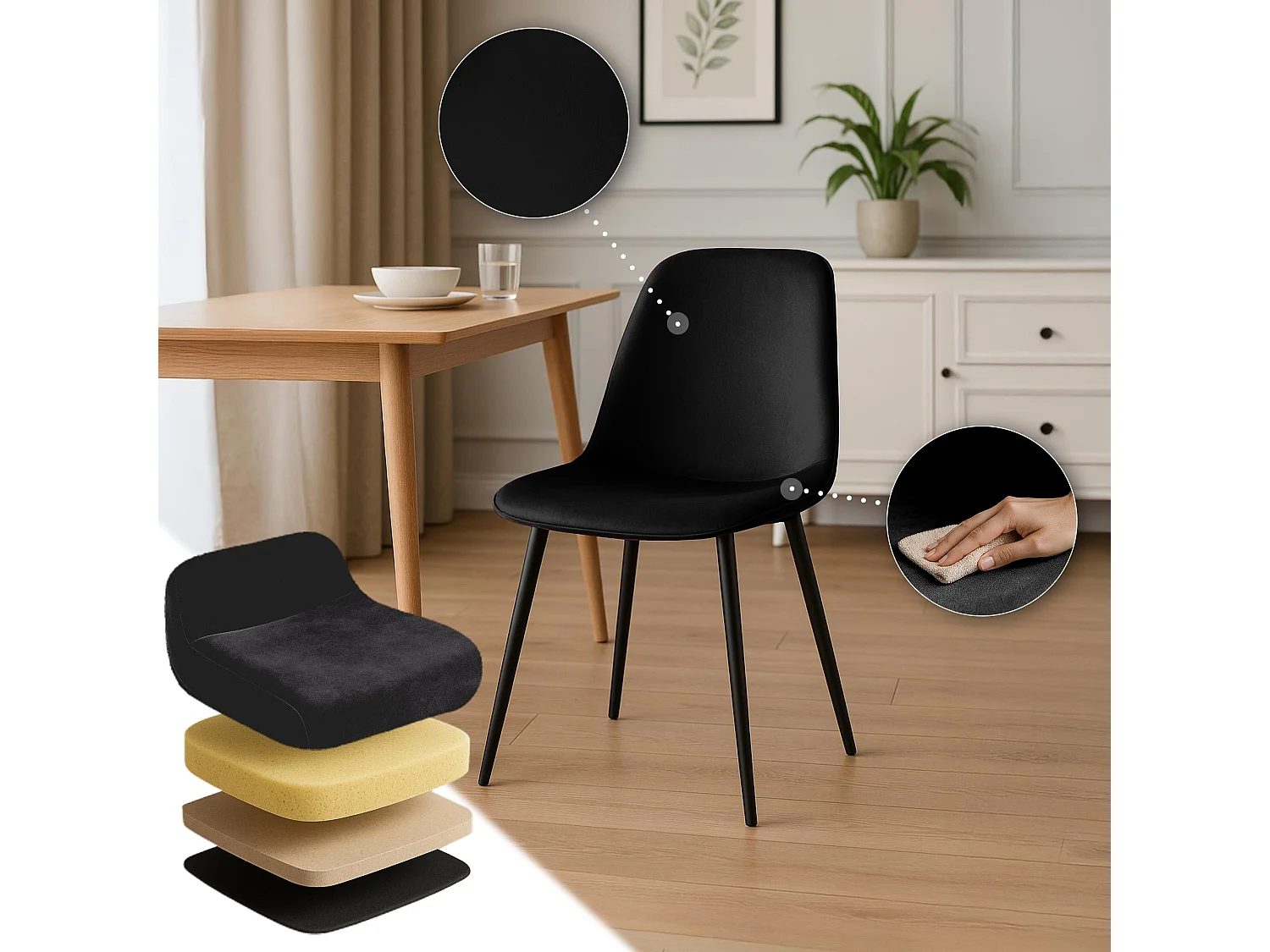 Lot de 4  chaise salle à manger - Velours - Noir - Maryam