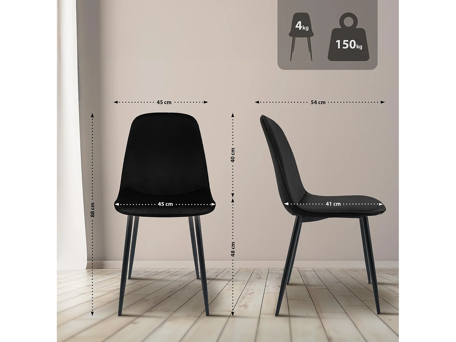 Lot de 4  chaise salle à manger - Velours - Noir - Maryam