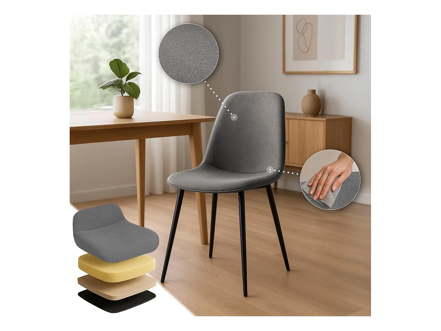 Lot de 4  chaise salle à manger - Tissu - Gris clair - Maryam