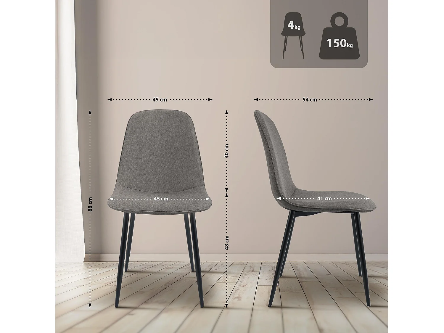 Lot de 4  chaise salle à manger - Tissu - Gris clair - Maryam