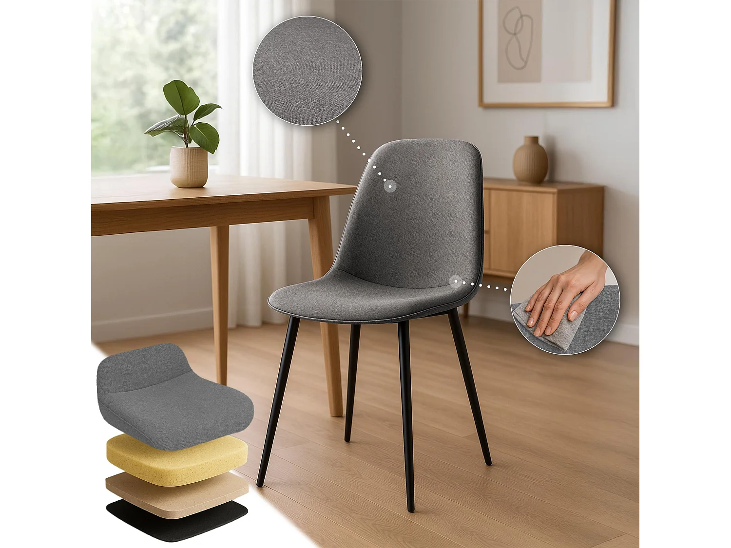 Lot de 4  chaise salle à manger - Tissu - Gris clair - Maryam