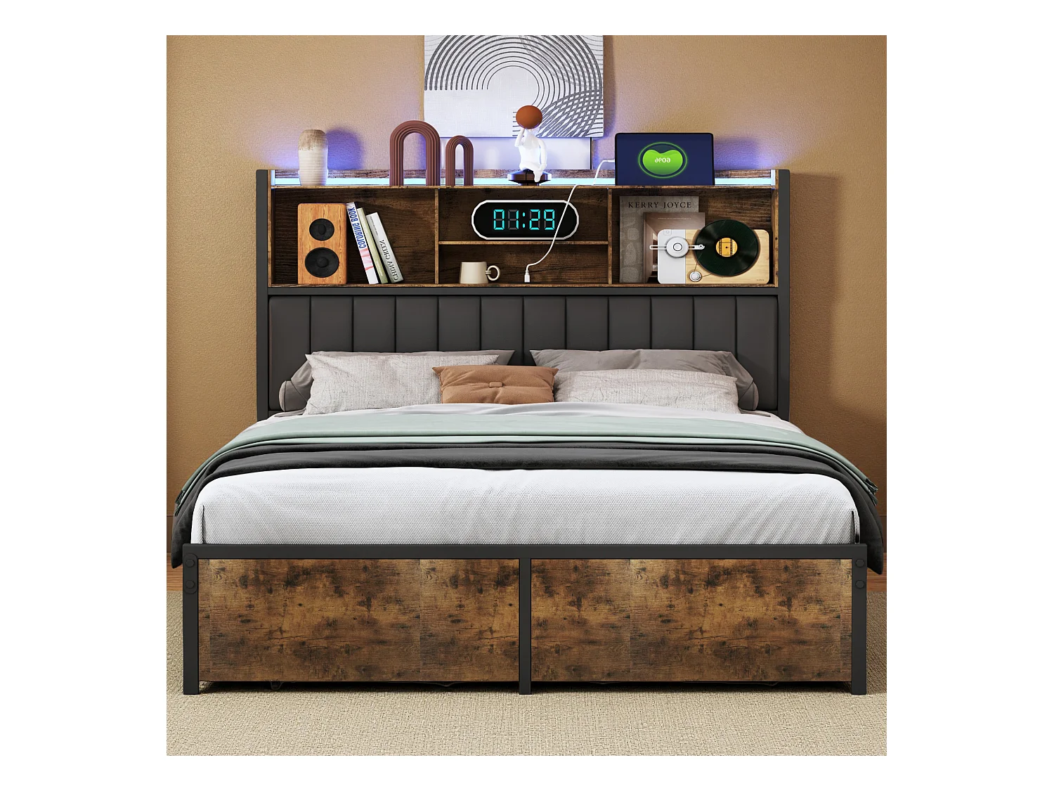 Lit 160x200 cm avec sommier à lattes - NEXU - LED - Type C et USB - 2 tiroir - tissu en PU - Style industriel - cadre de lit adulte 160x200 cm - noir