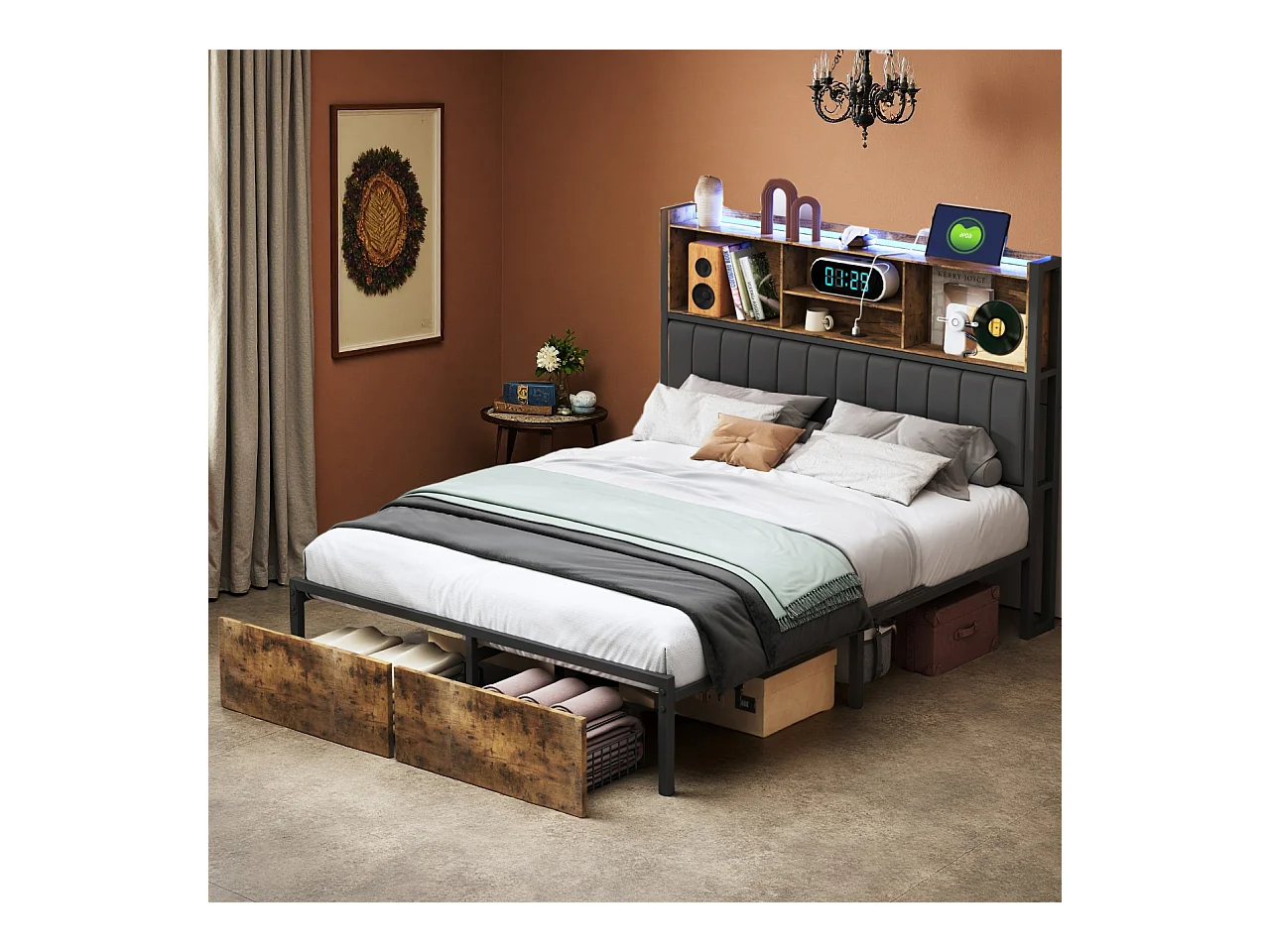 Lit 160x200 cm avec sommier à lattes - NEXU - LED - Type C et USB - 2 tiroir - tissu en PU - Style industriel - cadre de lit adulte 160x200 cm - noir