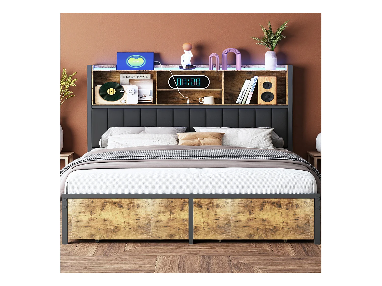 Lit 160x200 cm avec sommier à lattes - NEXU - LED - Type C et USB - 2 tiroir - tissu en PU - Style industriel - cadre de lit adulte 160x200 cm - noir
