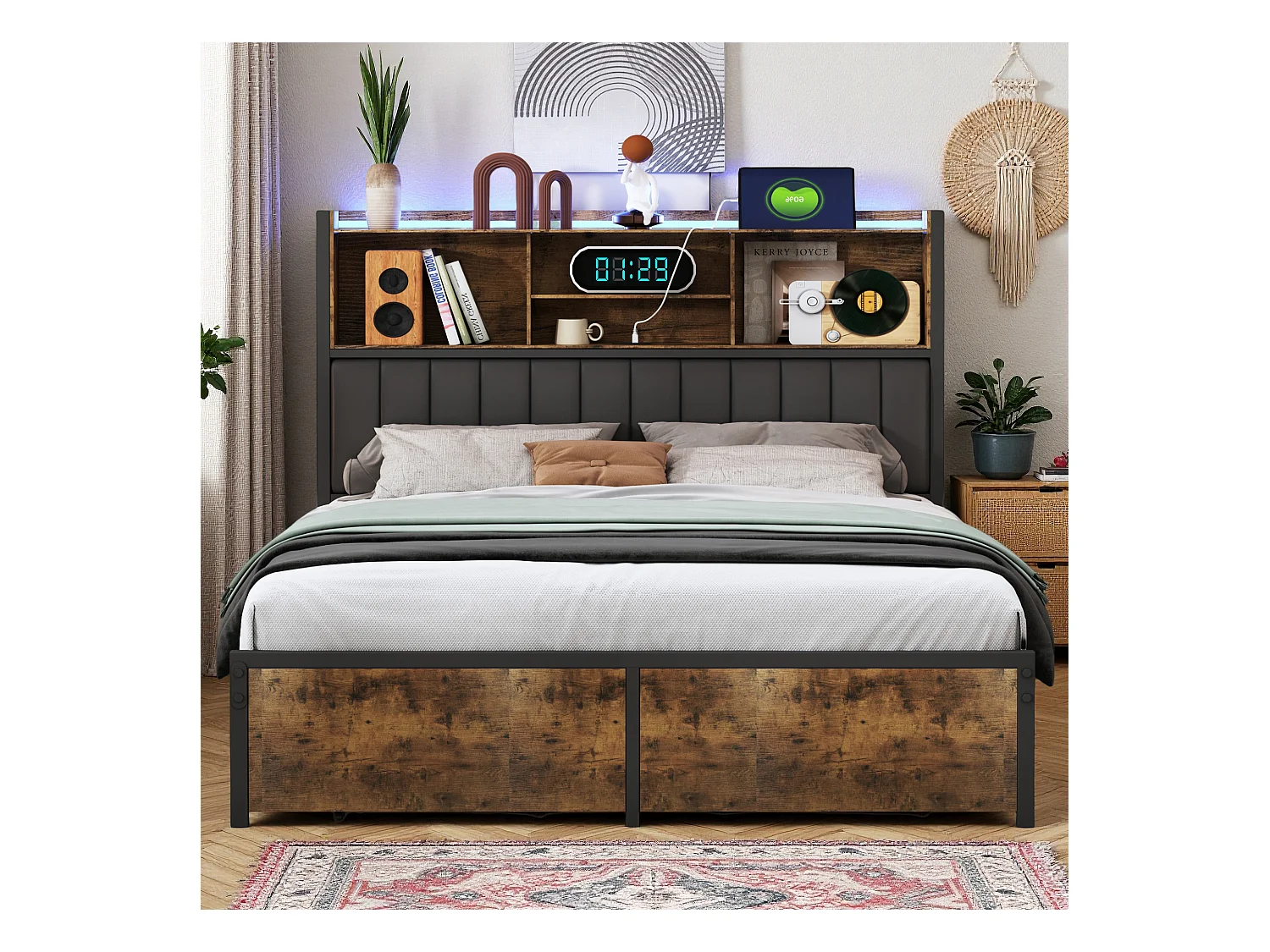 Lit 160x200 cm avec sommier à lattes - NEXU - LED - Type C et USB - 2 tiroir - tissu en PU - Style industriel - cadre de lit adulte 160x200 cm - noir