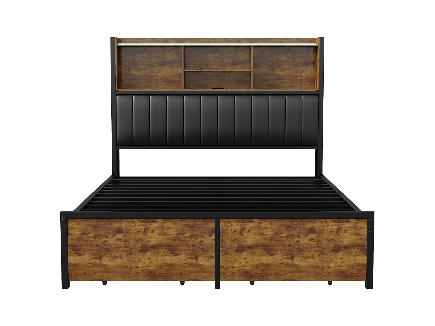 Lit 160x200 cm avec sommier à lattes - NEXU - LED - Type C et USB - 2 tiroir - tissu en PU - Style industriel - cadre de lit adulte 160x200 cm - noir