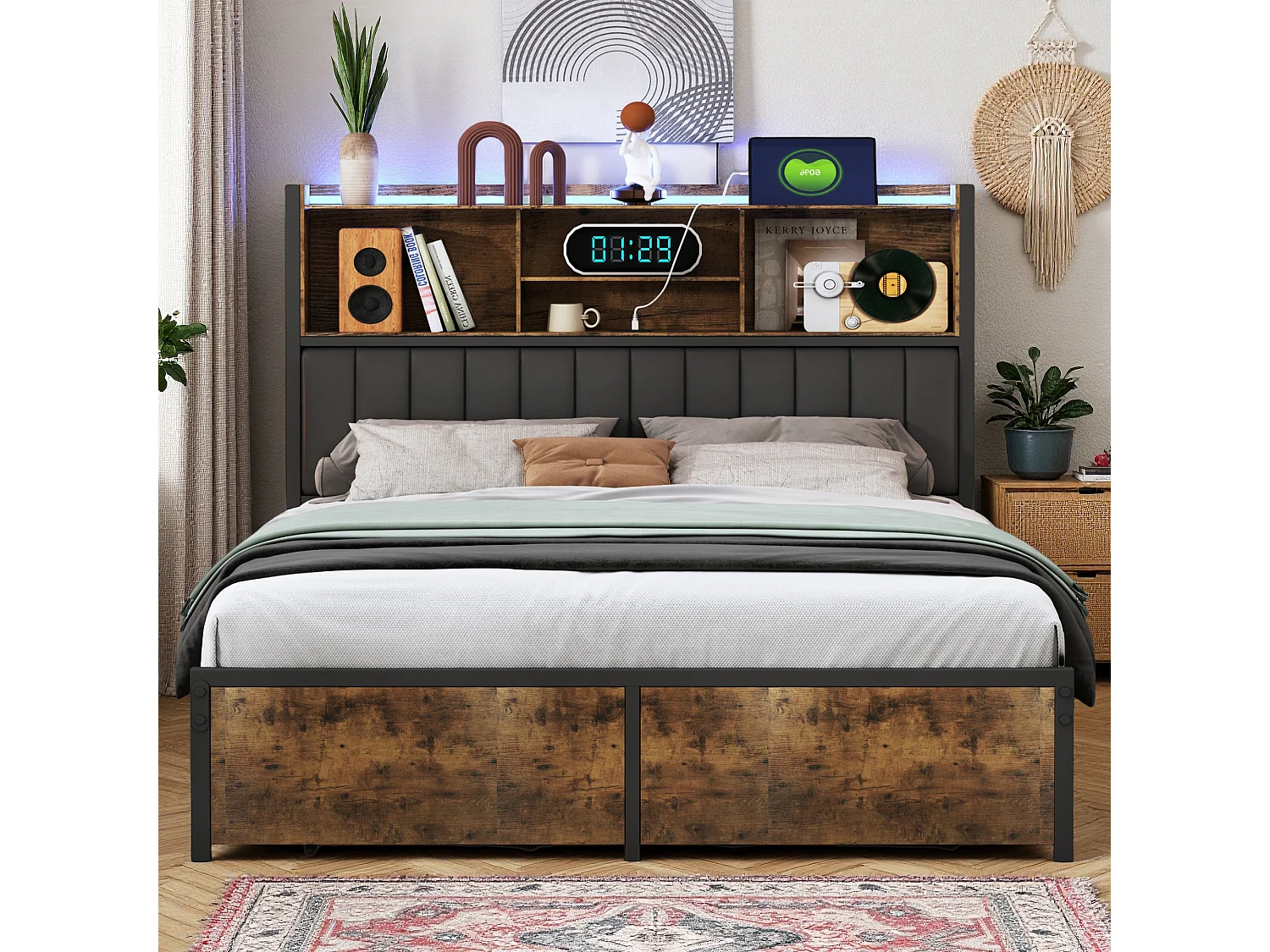 Lit 160x200 cm avec sommier à lattes - NEXU - LED - Type C et USB - 2 tiroir - tissu en PU - Style industriel - cadre de lit adulte 160x200 cm - noir