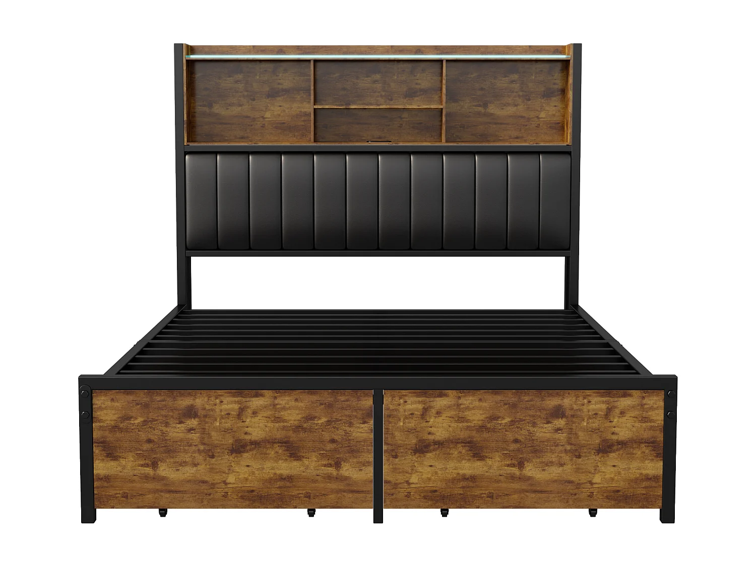 Lit 160x200 cm avec sommier à lattes - NEXU - LED - Type C et USB - 2 tiroir - tissu en PU - Style industriel - cadre de lit adulte 160x200 cm - noir