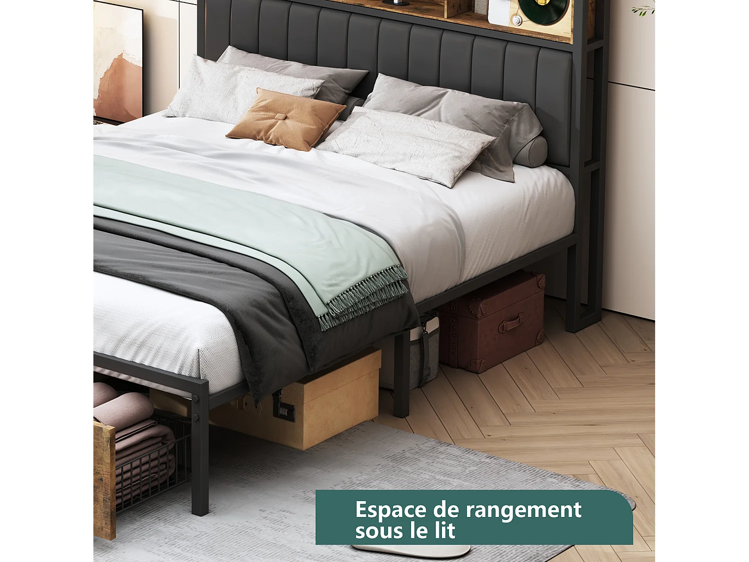 Lit adulte NEXU 160 × 200 cm avec sommier à lattes, 2 tiroirs, éclairage LED et ports USB/Type-C – Cadre en similicuir noir, style industriel