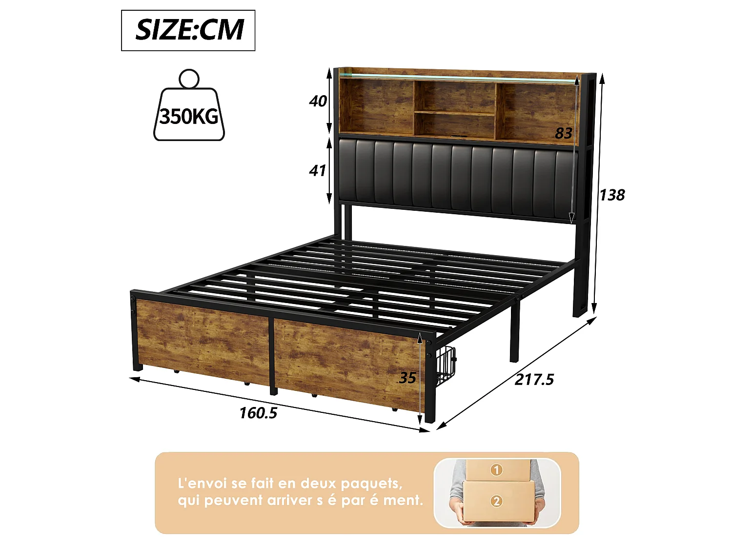 Lit adulte NEXU 160 × 200 cm avec sommier à lattes, 2 tiroirs, éclairage LED et ports USB/Type-C – Cadre en similicuir noir, style industriel