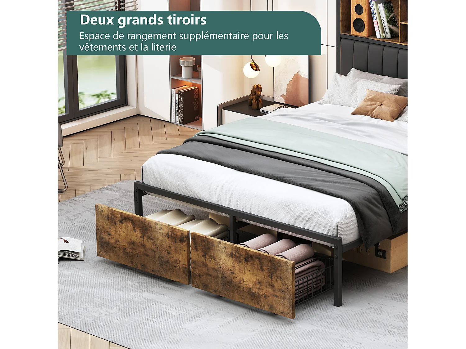 Lit adulte NEXU 160 × 200 cm avec sommier à lattes, 2 tiroirs, éclairage LED et ports USB/Type-C – Cadre en similicuir noir, style industriel