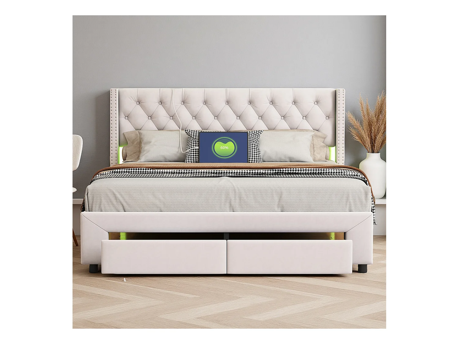 Lit 140x190 cm - NEXU - lit double 140x190 cm - tissu en Velours - LED et USB - cadre de lit 140x190 cm avec sommier à lattes - beige