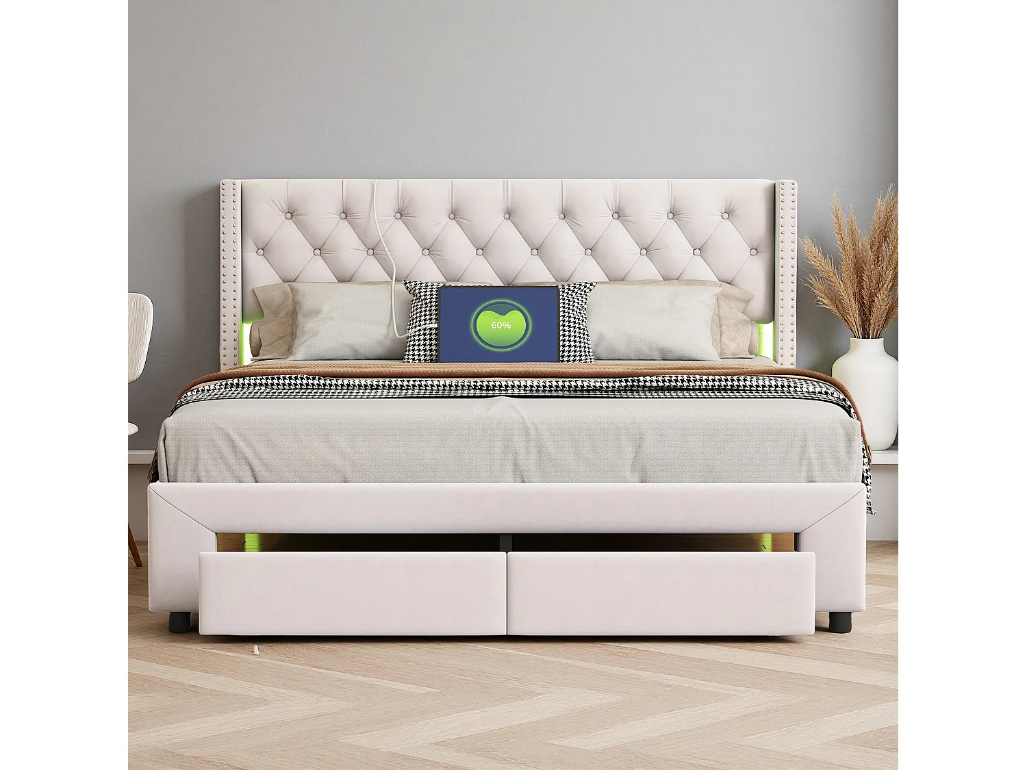 Lit 140x190 cm - NEXU - lit double 140x190 cm - tissu en Velours - LED et USB - cadre de lit 140x190 cm avec sommier à lattes - beige