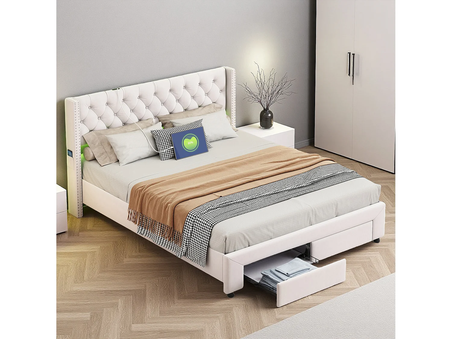 Lit 140x190 cm - NEXU - lit double 140x190 cm - tissu en Velours - LED et USB - cadre de lit 140x190 cm avec sommier à lattes - beige