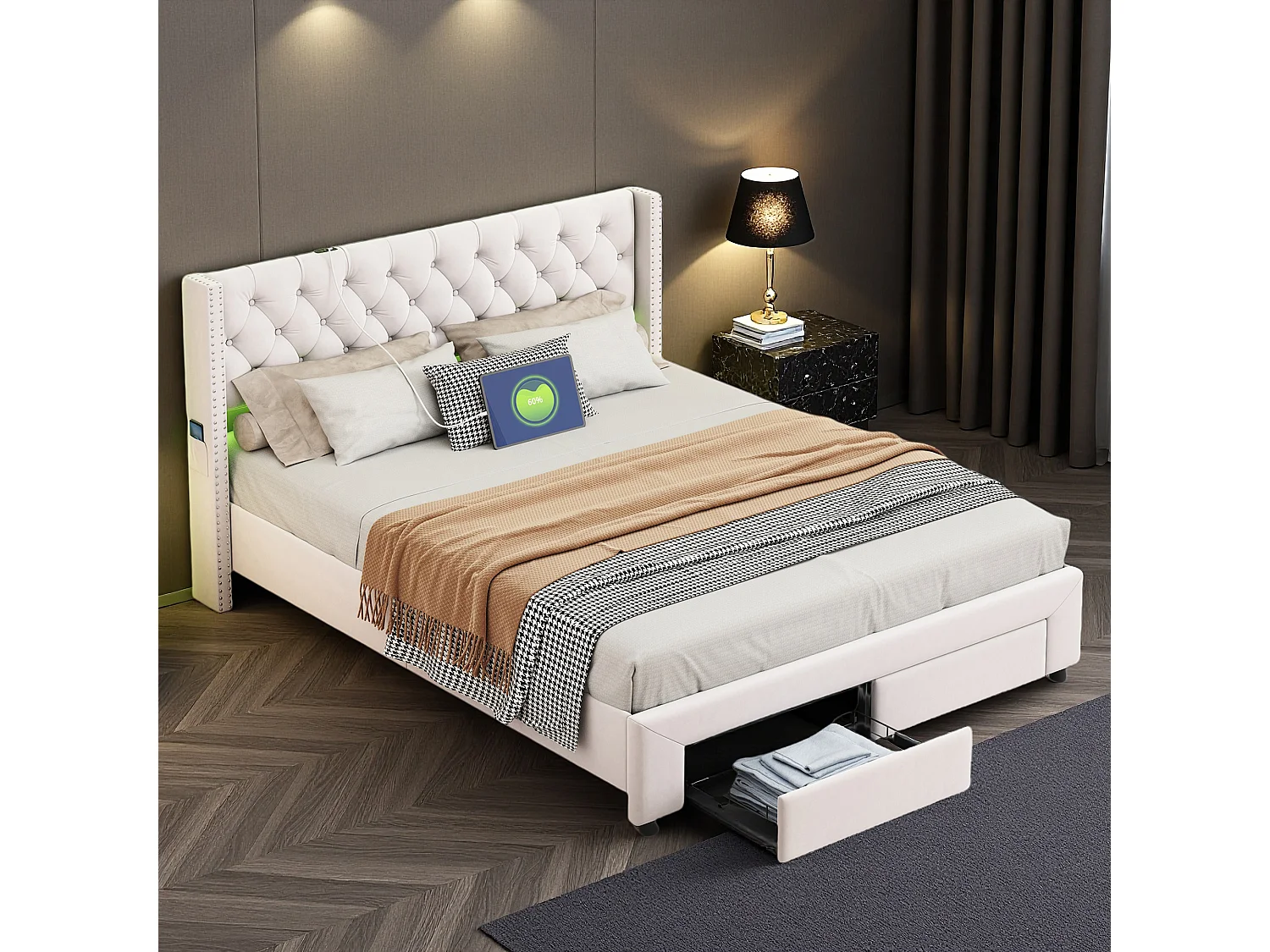 Lit 140x190 cm - NEXU - lit double 140x190 cm - tissu en Velours - LED et USB - cadre de lit 140x190 cm avec sommier à lattes - beige