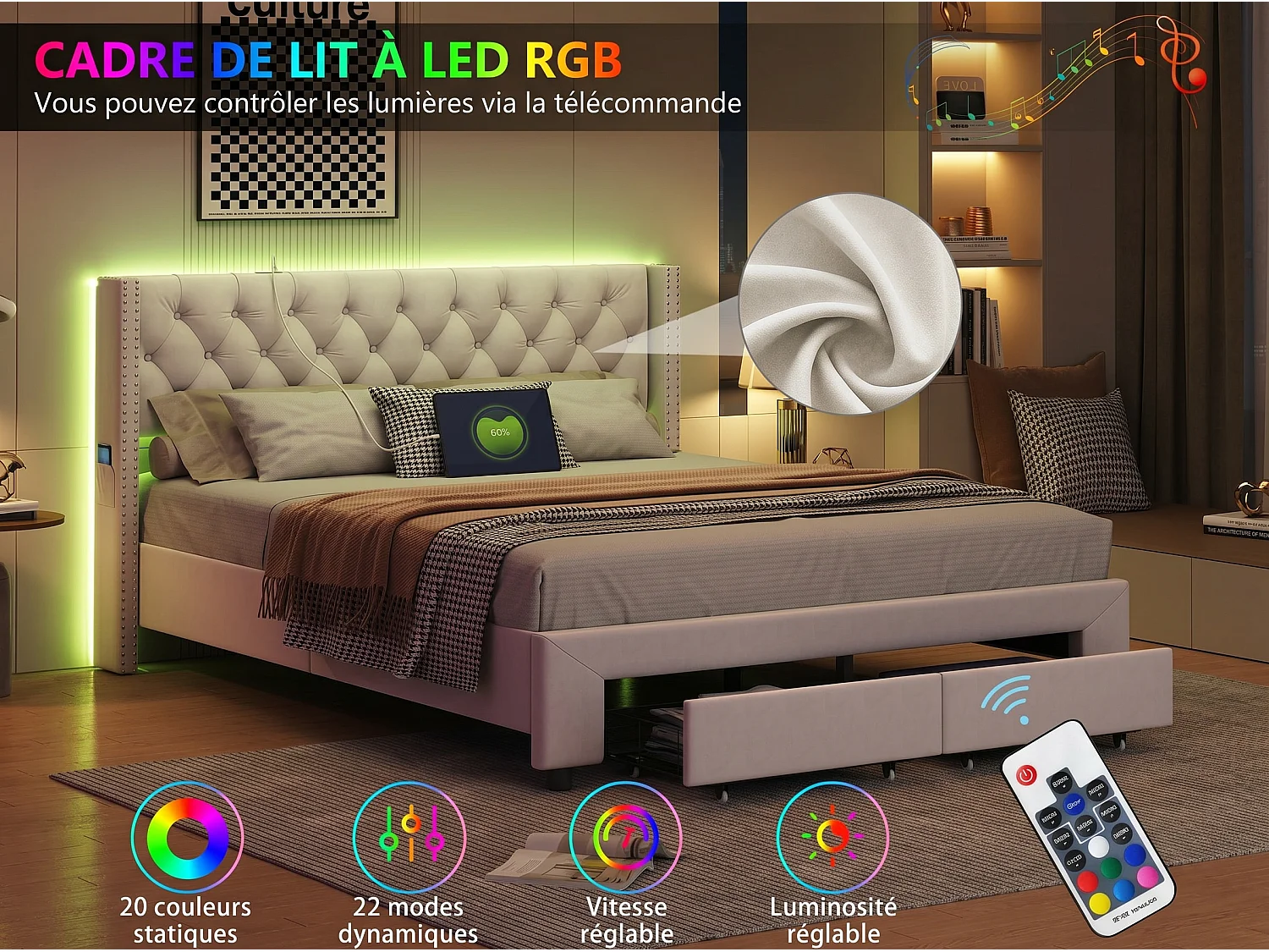 Bed 140x190 cm - NEXU - Tweepersoonsbed 140x190 cm - Fluwelen stof - LED en USB - Bedframe 140x190 cm met lattenbodem - Beige