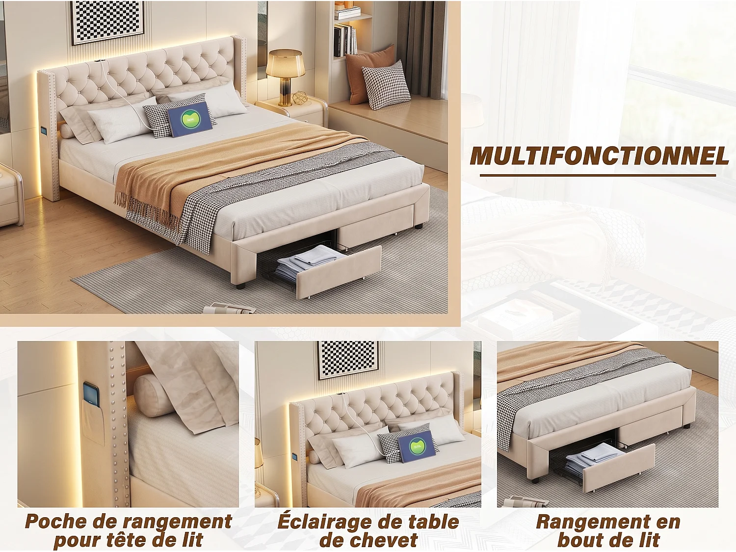 Bed 140x190 cm - NEXU - Tweepersoonsbed 140x190 cm - Fluwelen stof - LED en USB - Bedframe 140x190 cm met lattenbodem - Beige