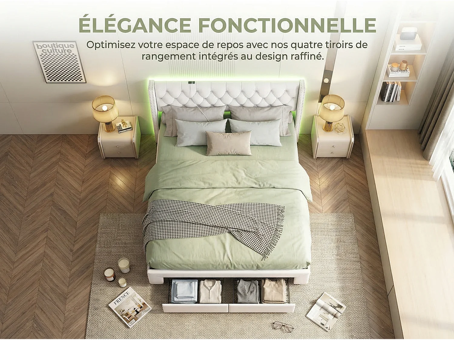 Bed 140x190 cm - NEXU - Tweepersoonsbed 140x190 cm - Fluwelen stof - LED en USB - Bedframe 140x190 cm met lattenbodem - Beige