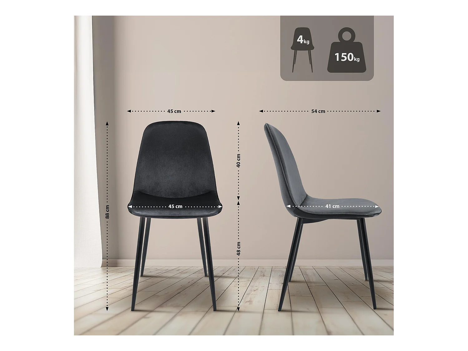 Lot de 4  chaise salle à manger - Velours - Gris foncé - Maryam