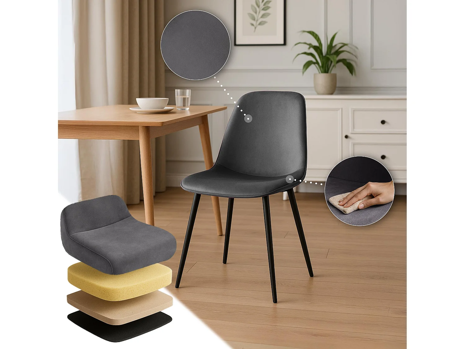 Lot de 4  chaise salle à manger - Velours - Gris foncé - Maryam