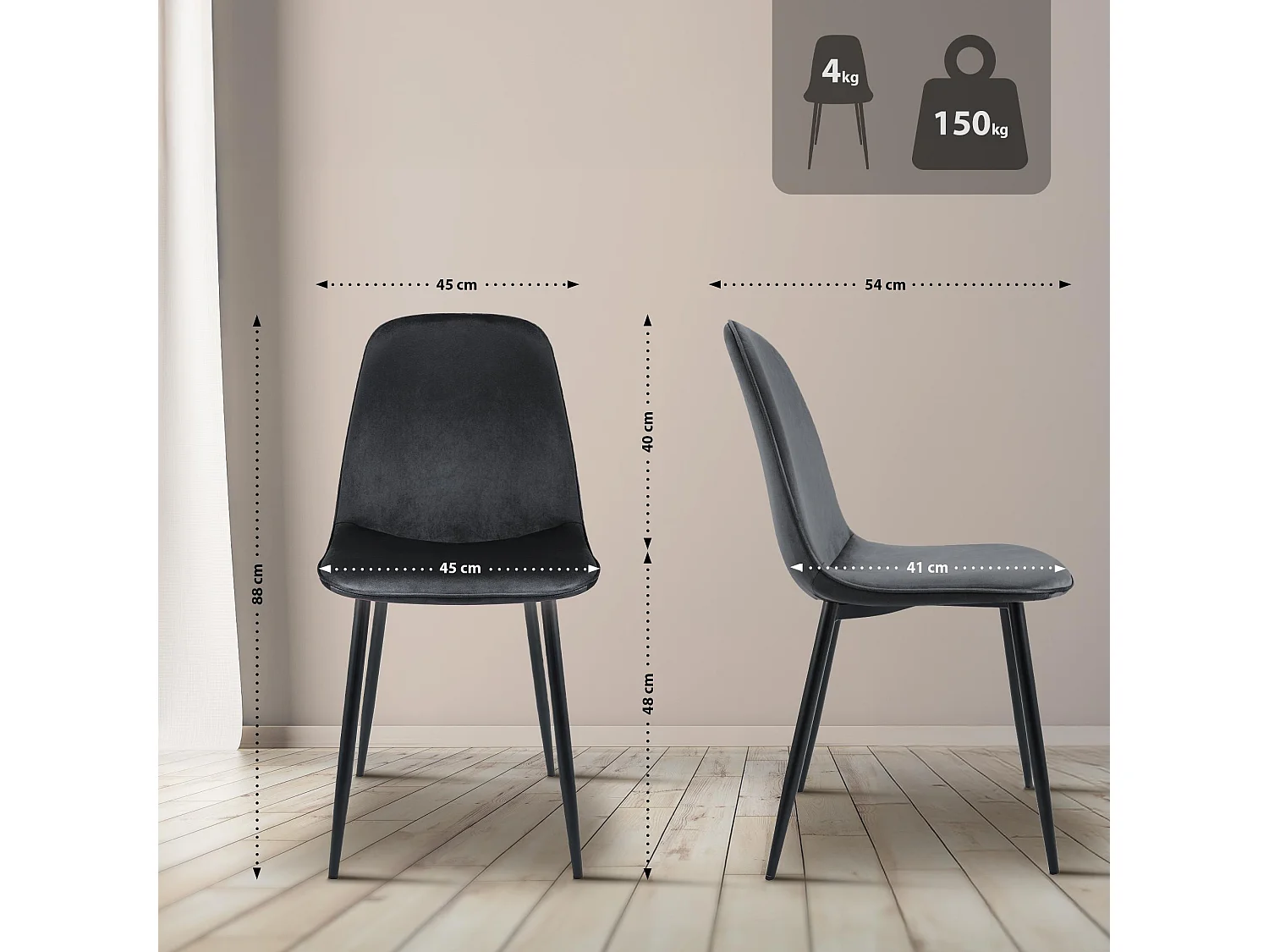 Lot de 4  chaise salle à manger - Velours - Gris foncé - Maryam