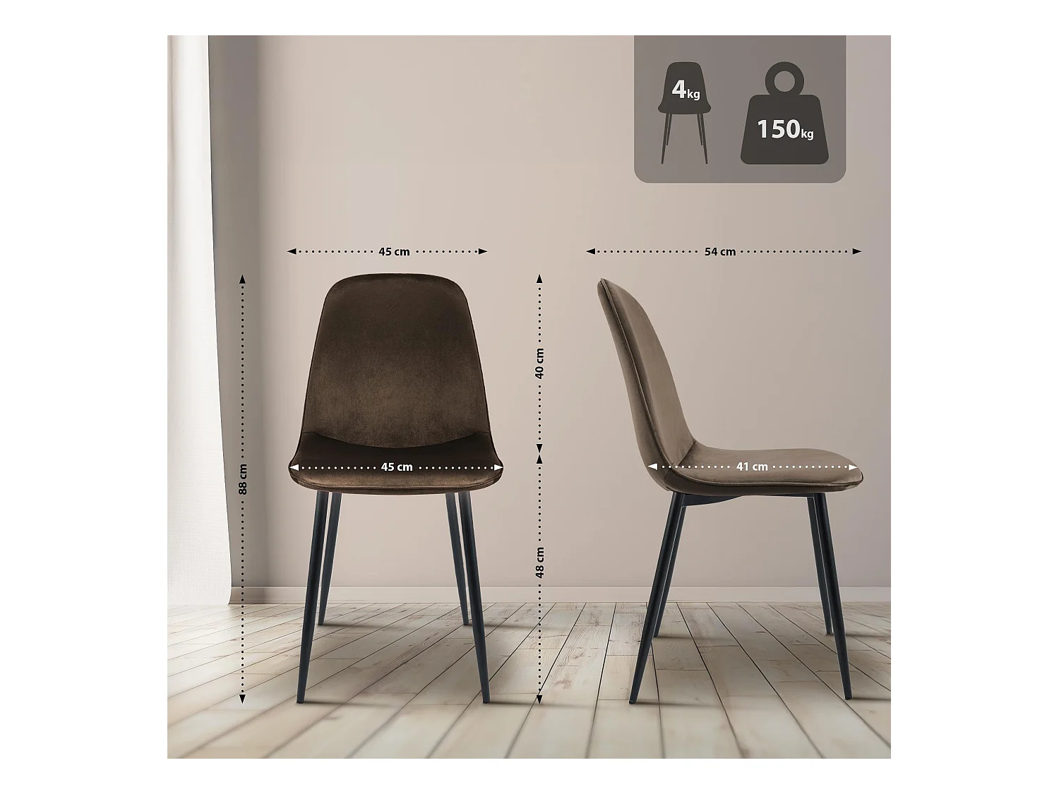 Lot de 4  chaise salle à manger - Velours - Marron - Maryam