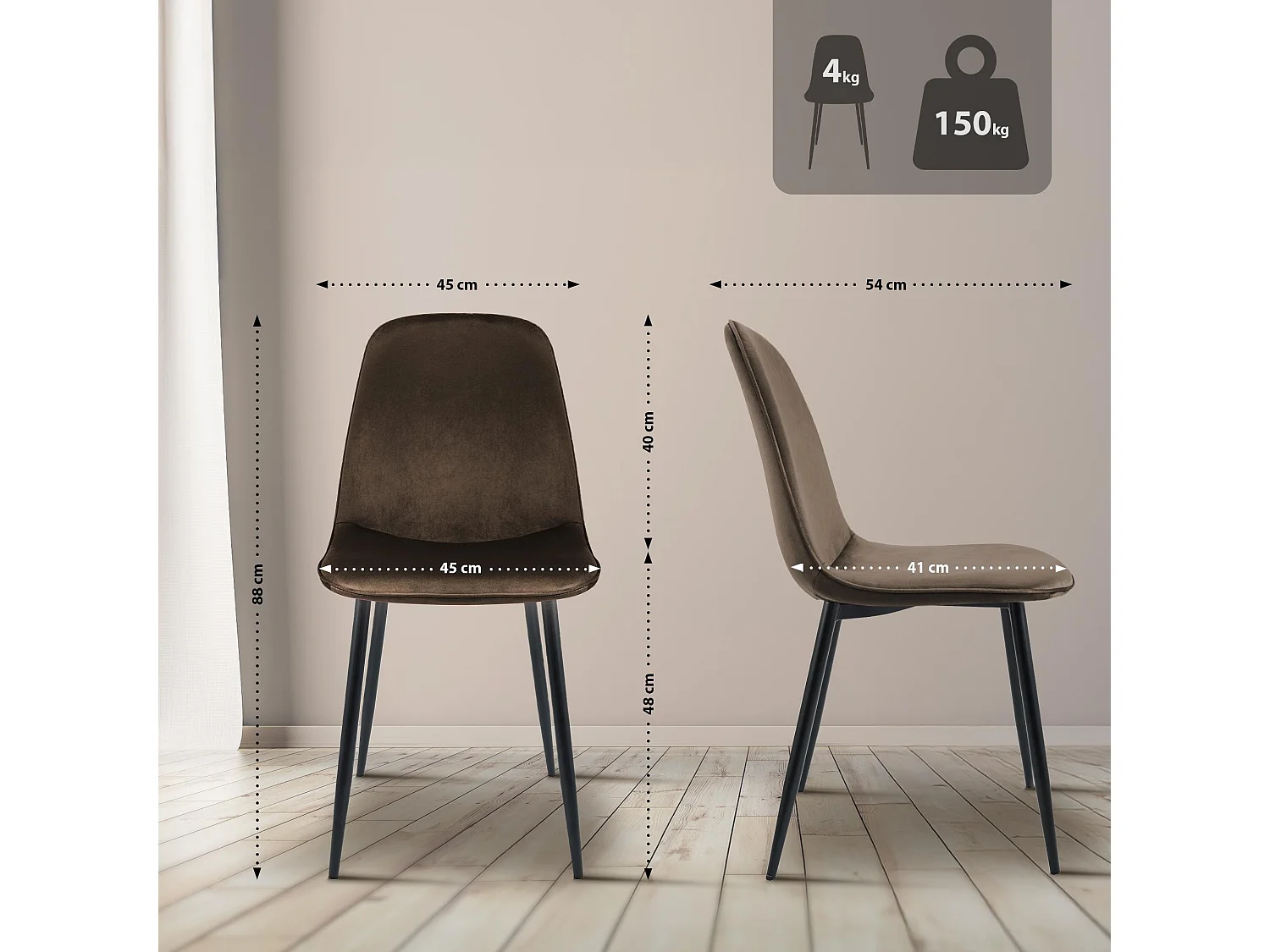 Lot de 4  chaise salle à manger - Velours - Marron - Maryam