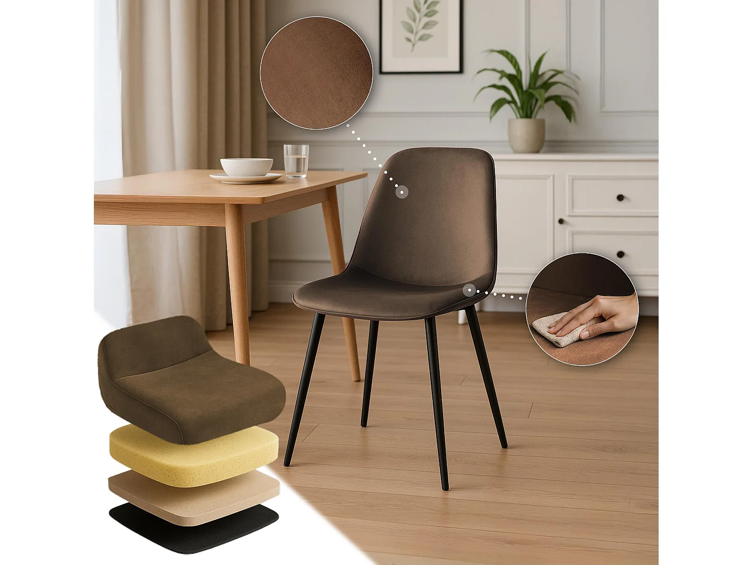 Lot de 4  chaise salle à manger - Velours - Marron - Maryam