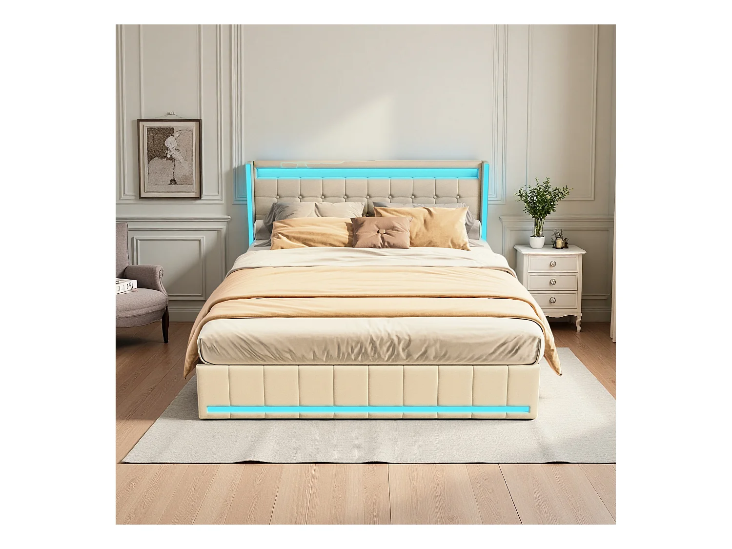 Lit 160x200 cm - NEXU - lit double 160x200 cm avec LED et USB - 4 tiroirs - cadre de lit adulte 160x200 cm avec sommier à lattes - tissu en lin - beige