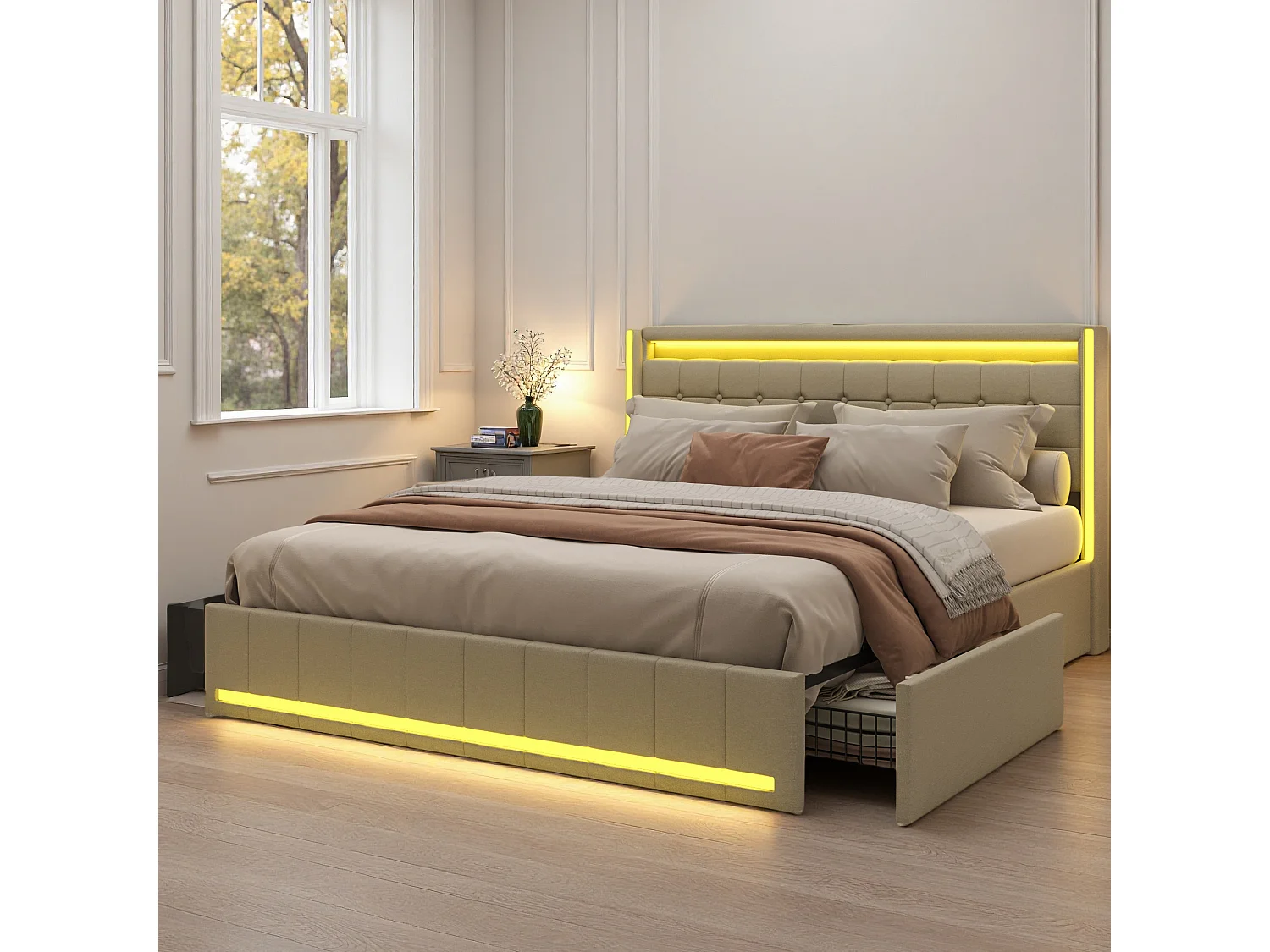 Lit 160x200 cm - NEXU - lit double 160x200 cm avec LED et USB - 4 tiroirs - cadre de lit adulte 160x200 cm avec sommier à lattes - tissu en lin - beige