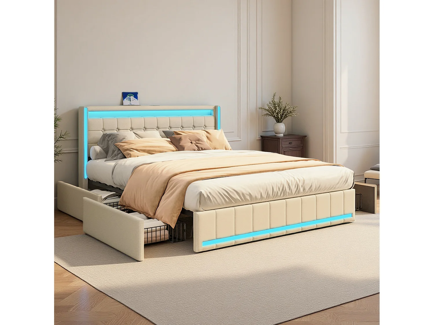 Lit capitonné 160 x 200 cm en lin beige – 4 tiroirs, éclairage LED, ports USB et Type-C, sommier à lattes inclus