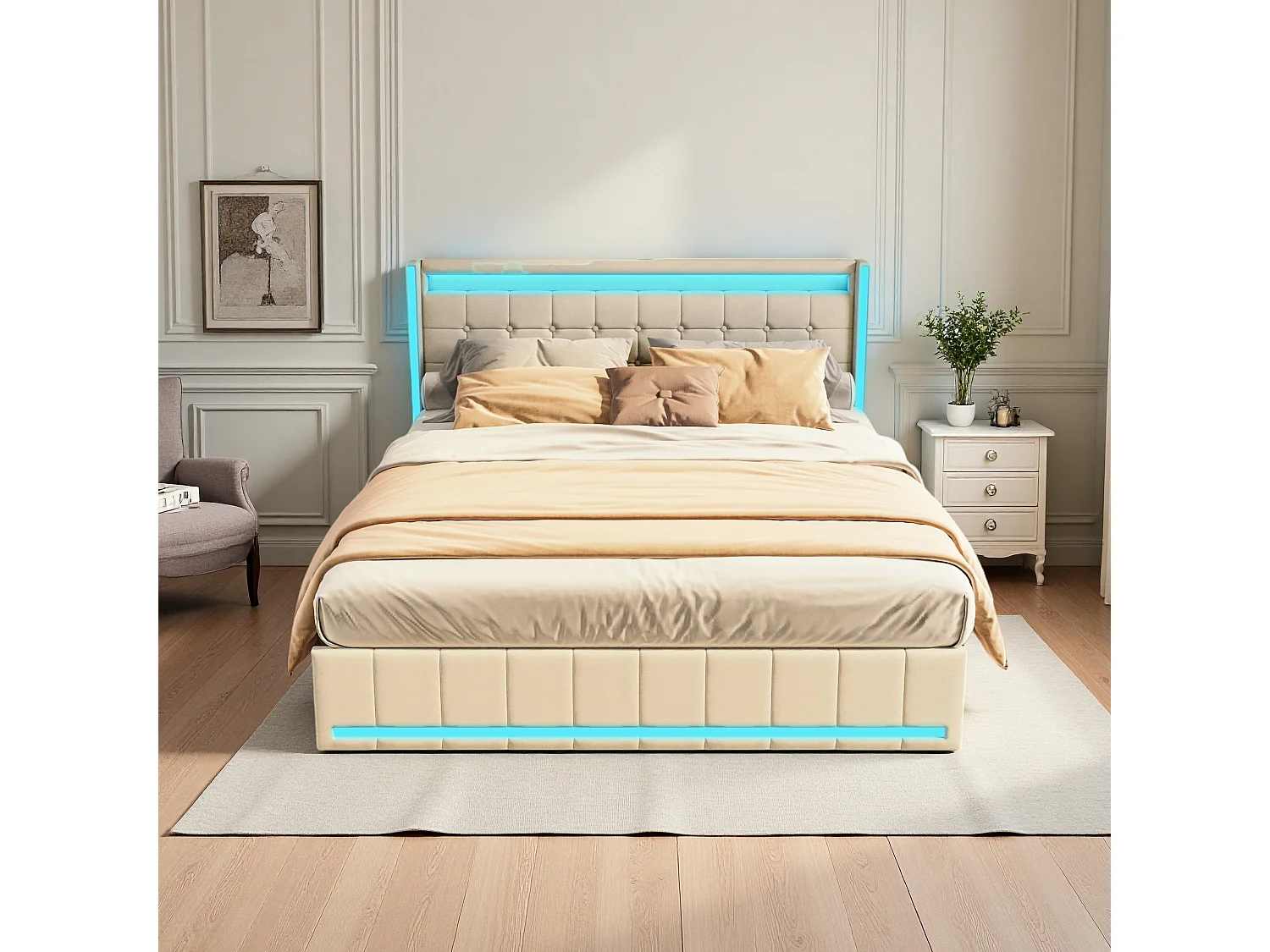Lit capitonné 160 x 200 cm en lin beige – 4 tiroirs, éclairage LED, ports USB et Type-C, sommier à lattes inclus