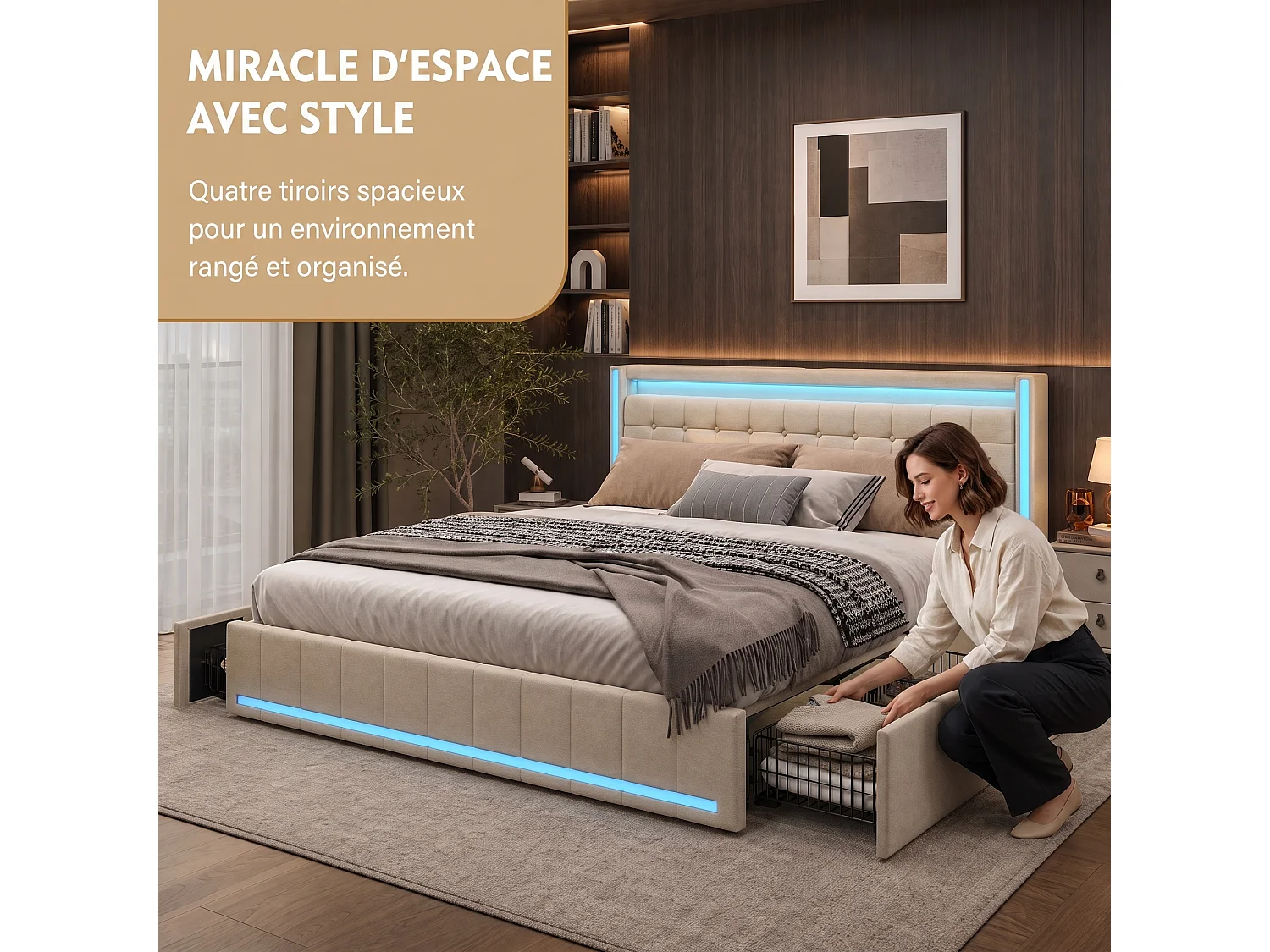 Lit capitonné 160 x 200 cm en lin beige – 4 tiroirs, éclairage LED, ports USB et Type-C, sommier à lattes inclus