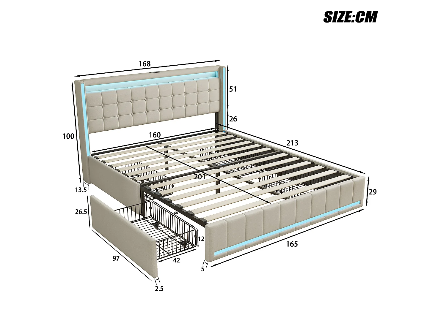 Lit capitonné 160 x 200 cm en lin beige – 4 tiroirs, éclairage LED, ports USB et Type-C, sommier à lattes inclus