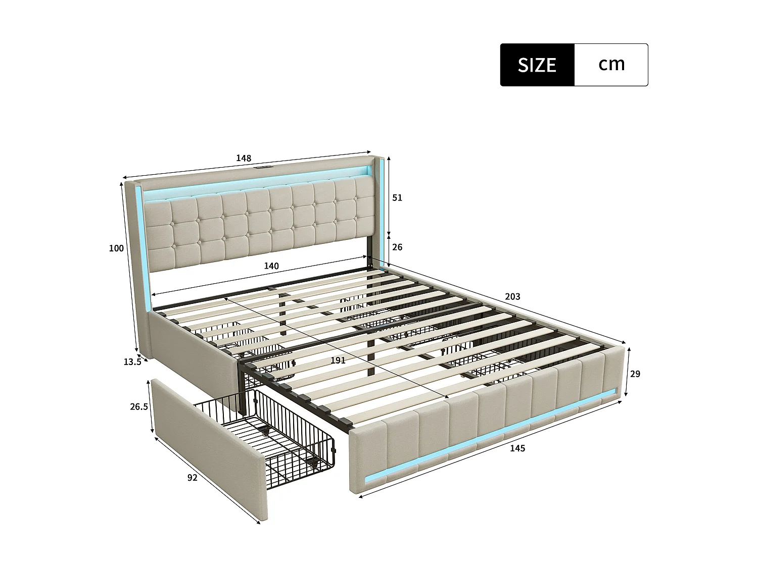 Lit adulte 140 x 200 cm avec tiroirs soldes - Sommier à Lattes - Avec LED et USB - Tissu lin - Beige - NEXU